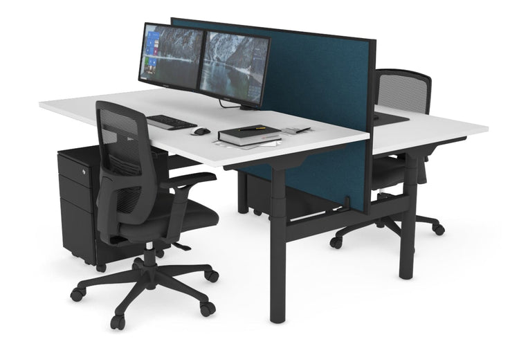 Flexi Premium Height Adjustable 2 Person H-Bench Workstation - Black Frame [1400L x 800W with Cable Scallop] Jasonl white deep blue (820H x 1400W) none