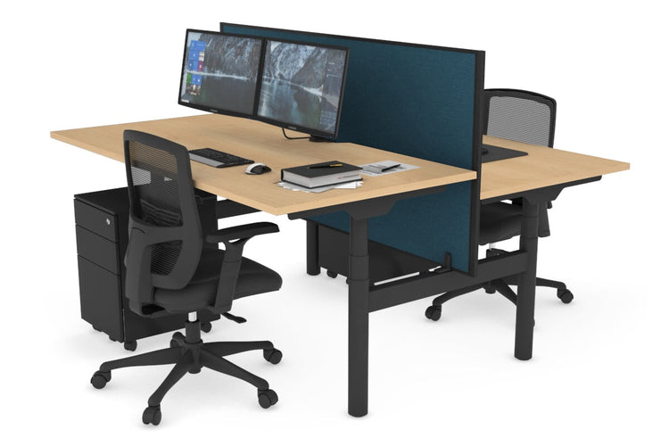Flexi Premium Height Adjustable 2 Person H-Bench Workstation - Black Frame [1400L x 800W with Cable Scallop] Jasonl maple deep blue (820H x 1400W) none