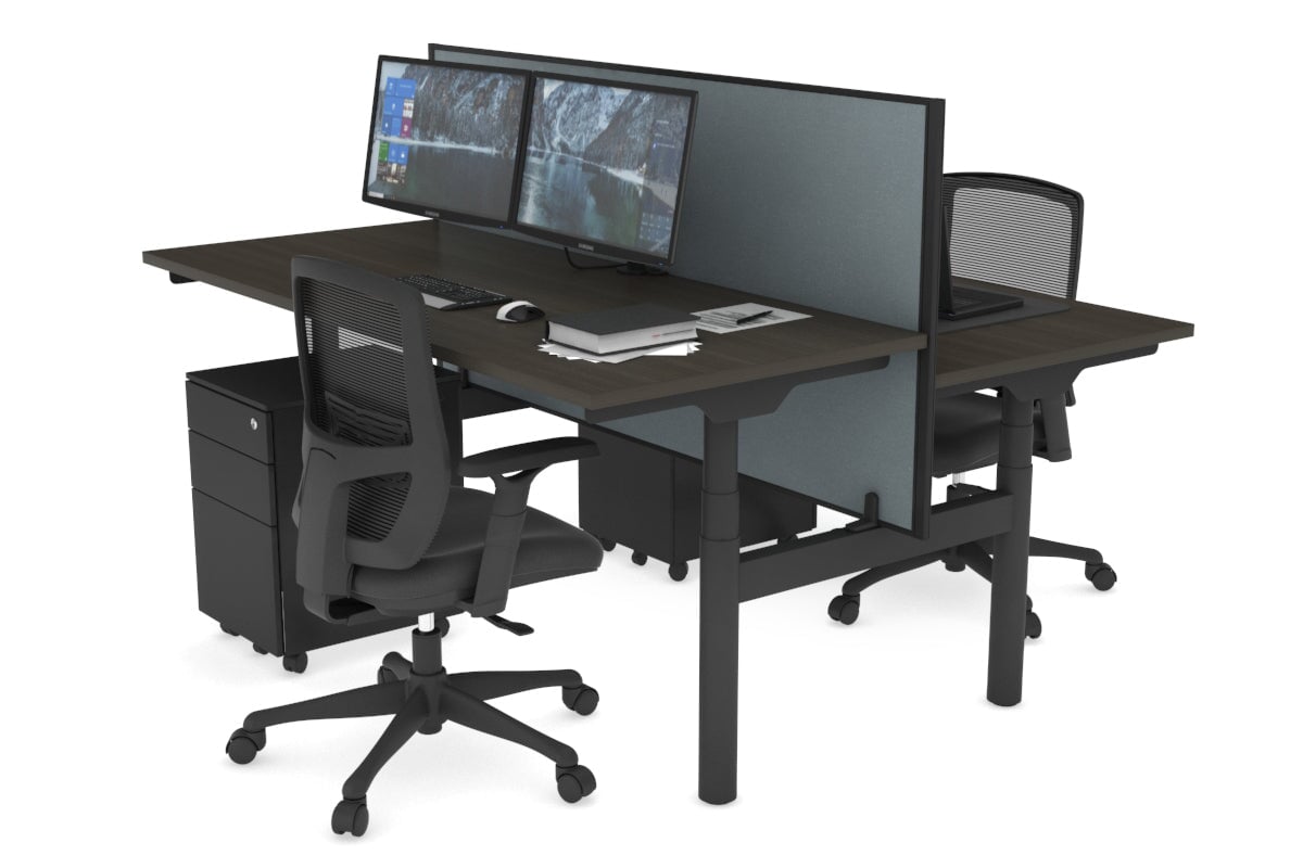 Flexi Premium Height Adjustable 2 Person H-Bench Workstation - Black Frame [1800L x 700W] Jasonl dark oak cool grey (820H x 1800W) none
