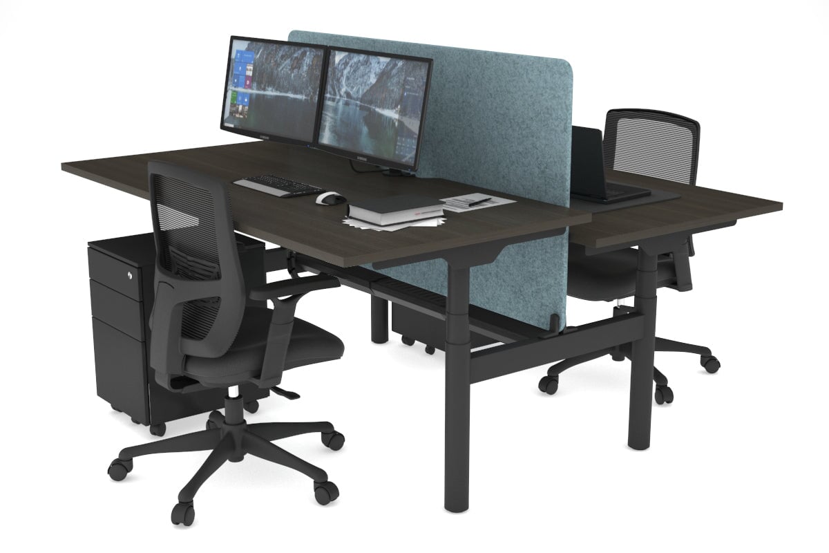 Flexi Premium Height Adjustable 2 Person H-Bench Workstation - Black Frame [1800L x 800W with Cable Scallop] Jasonl dark oak blue echo panel (820H x 1600W) white cable tray