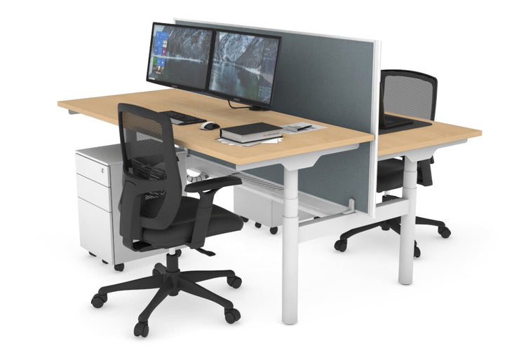 Flexi Premium Height Adjustable 2 Person H-Bench Workstation - White Frame [1400L x 700W] Jasonl maple cool grey (820H x 1400W) white cable tray