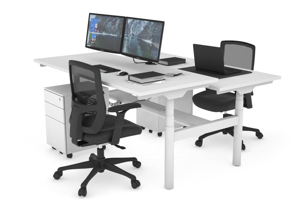 Flexi Premium Height Adjustable 2 Person H-Bench Workstation - White Frame [1400L x 700W] Jasonl white none white cable tray