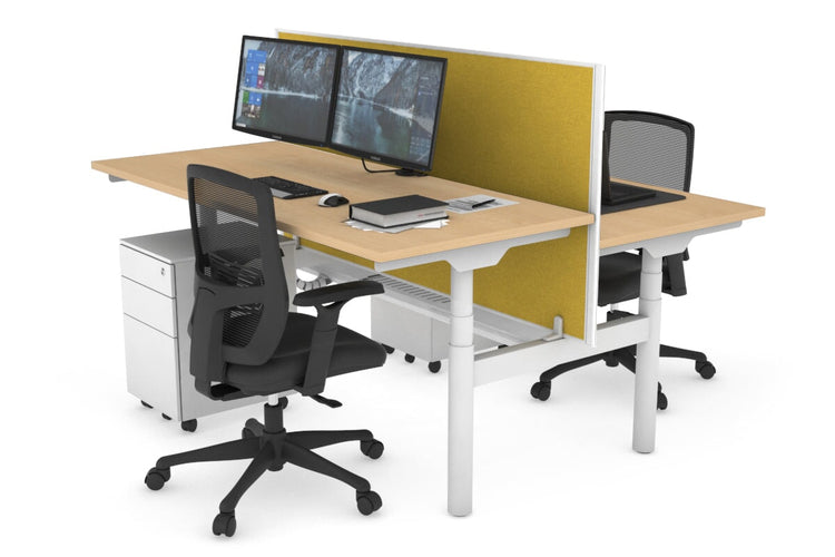 Flexi Premium Height Adjustable 2 Person H-Bench Workstation - White Frame [1400L x 700W] Jasonl maple mustard yellow (820H x 1400W) white cable tray