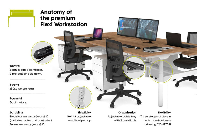 Flexi Premium Height Adjustable 4 Person H-Bench Workstation - White Frame [1200L x 800W with Cable Scallop] Jasonl 