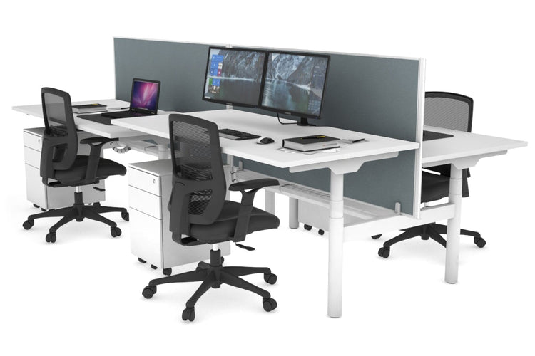 Flexi Premium Height Adjustable 4 Person H-Bench Workstation - White Frame [1400L x 800W with Cable Scallop] Jasonl white cool grey (820H x 1400W) white cable tray