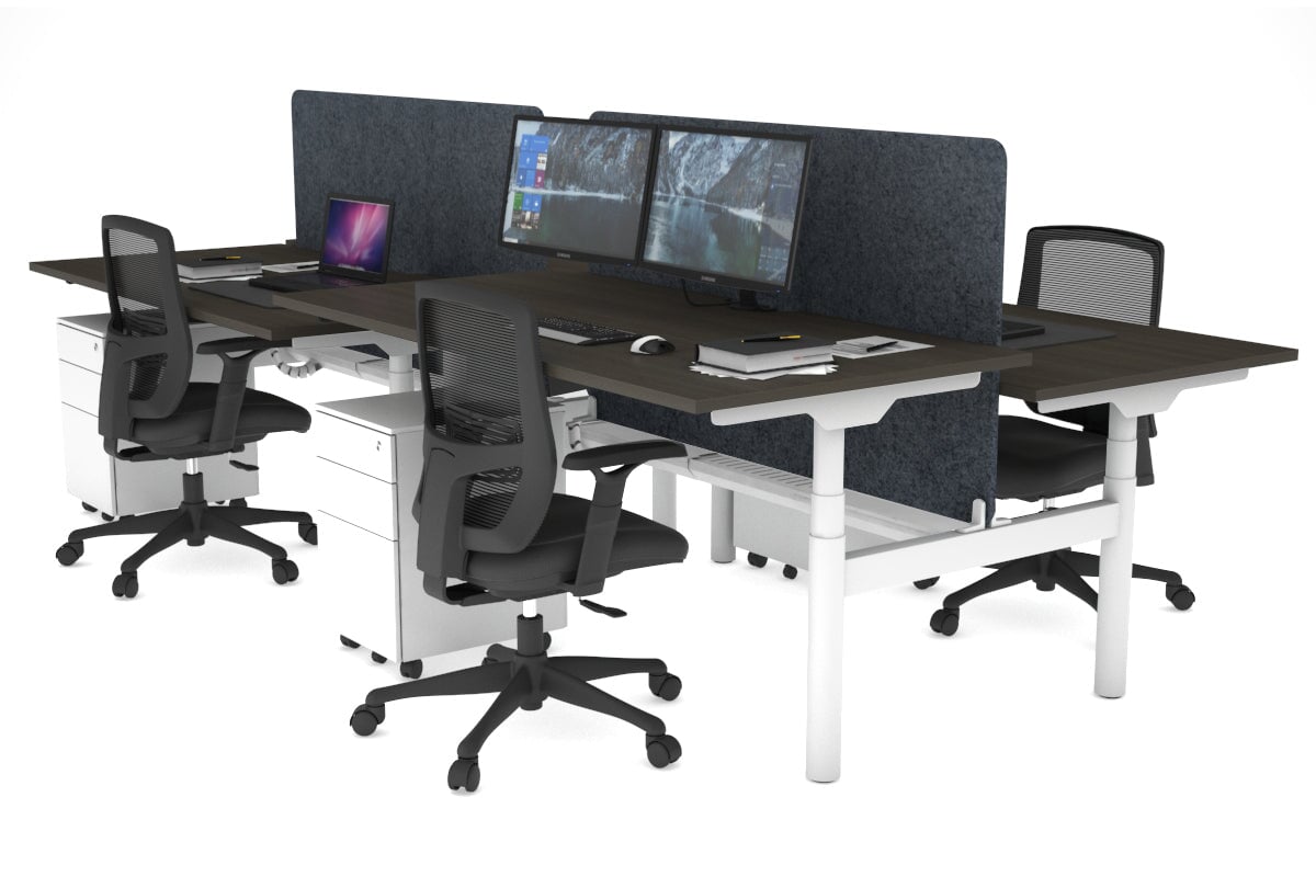 Flexi Premium Height Adjustable 4 Person H-Bench Workstation - White Frame [1400L x 800W with Cable Scallop] Jasonl dark oak dark grey echo panel (820H x 1200W) white cable tray