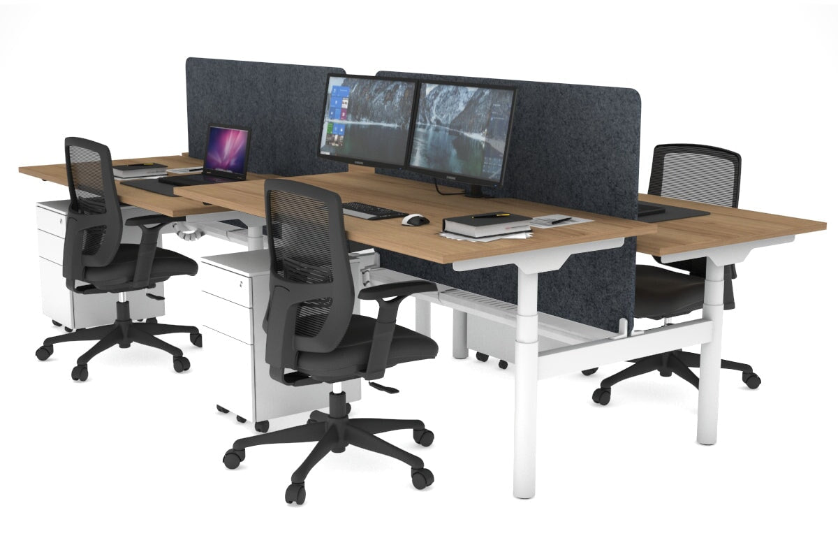 Flexi Premium Height Adjustable 4 Person H-Bench Workstation - White Frame [1400L x 800W with Cable Scallop] Jasonl salvage oak dark grey echo panel (820H x 1200W) white cable tray