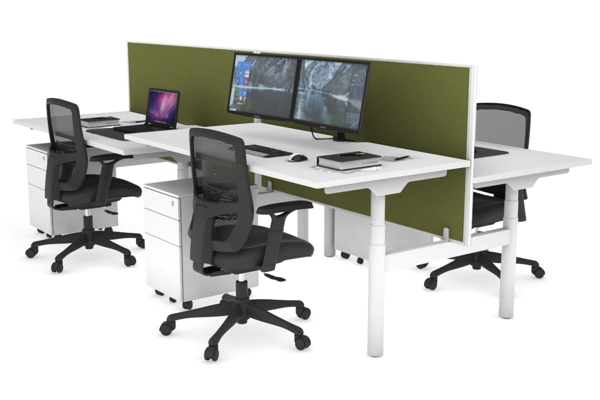 Flexi Premium Height Adjustable 4 Person H-Bench Workstation - White Frame [1400L x 800W with Cable Scallop] Jasonl white green moss (820H x 1400W) none