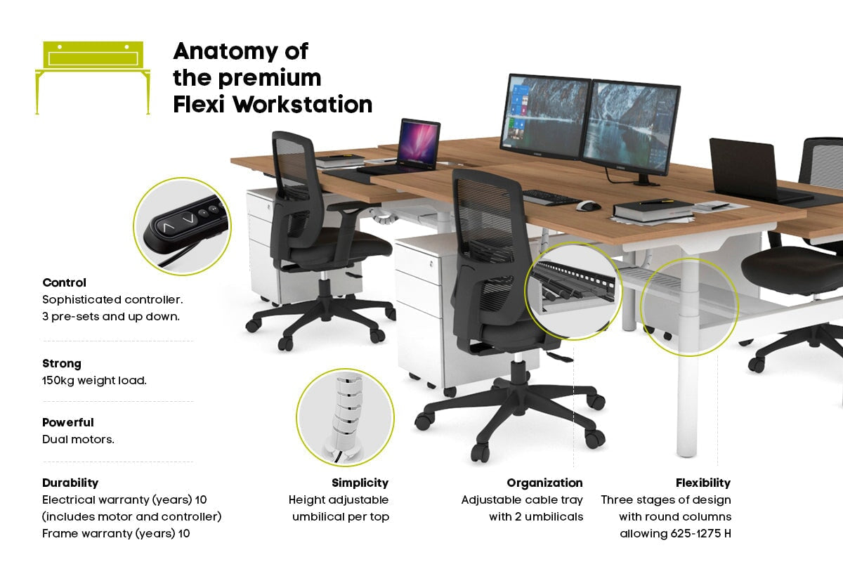 Flexi Premium Height Adjustable 4 Person H-Bench Workstation - White Frame [1400L x 800W with Cable Scallop] Jasonl 