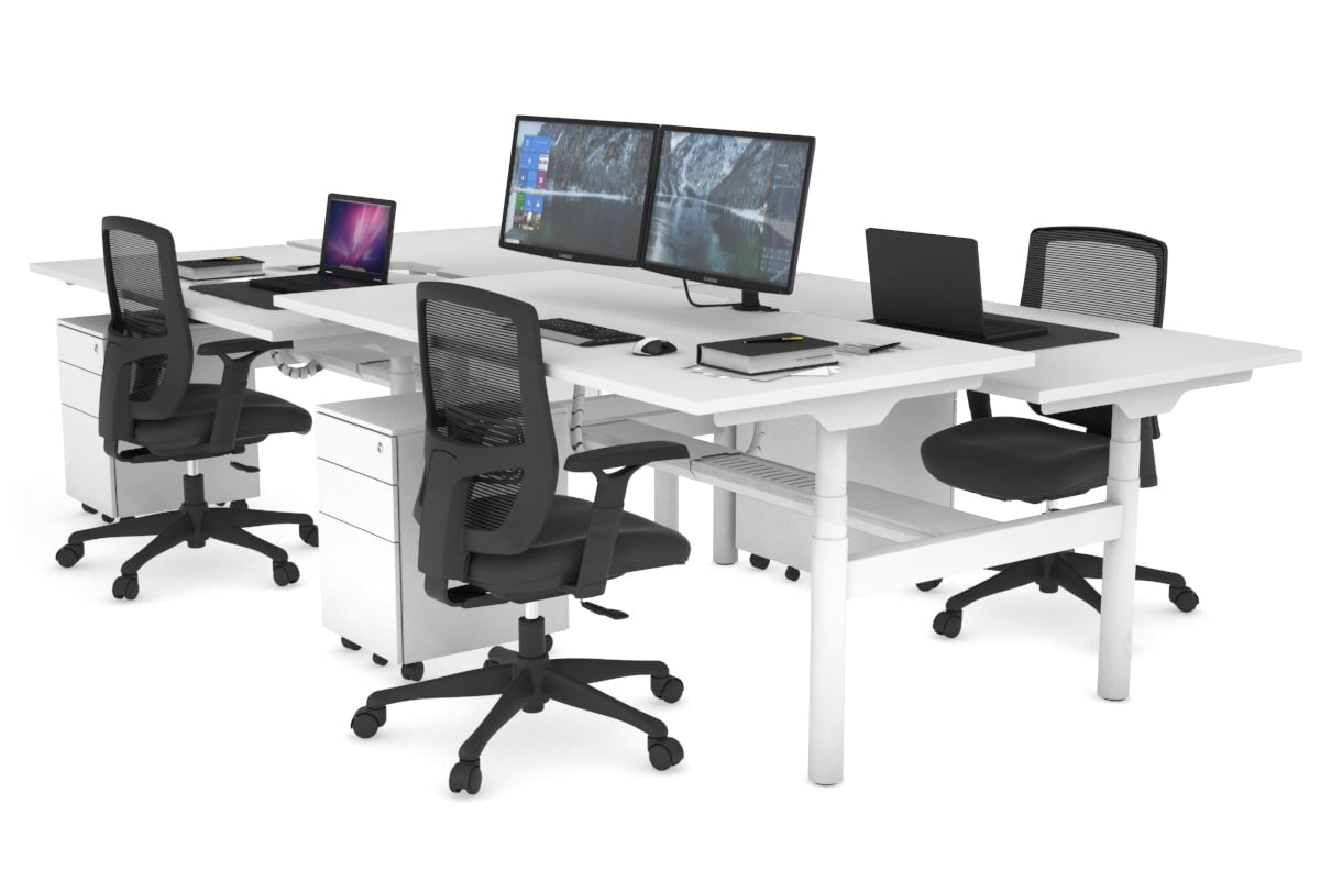 Flexi Premium Height Adjustable 4 Person H-Bench Workstation - White Frame [1400L x 800W with Cable Scallop] Jasonl white none white cable tray