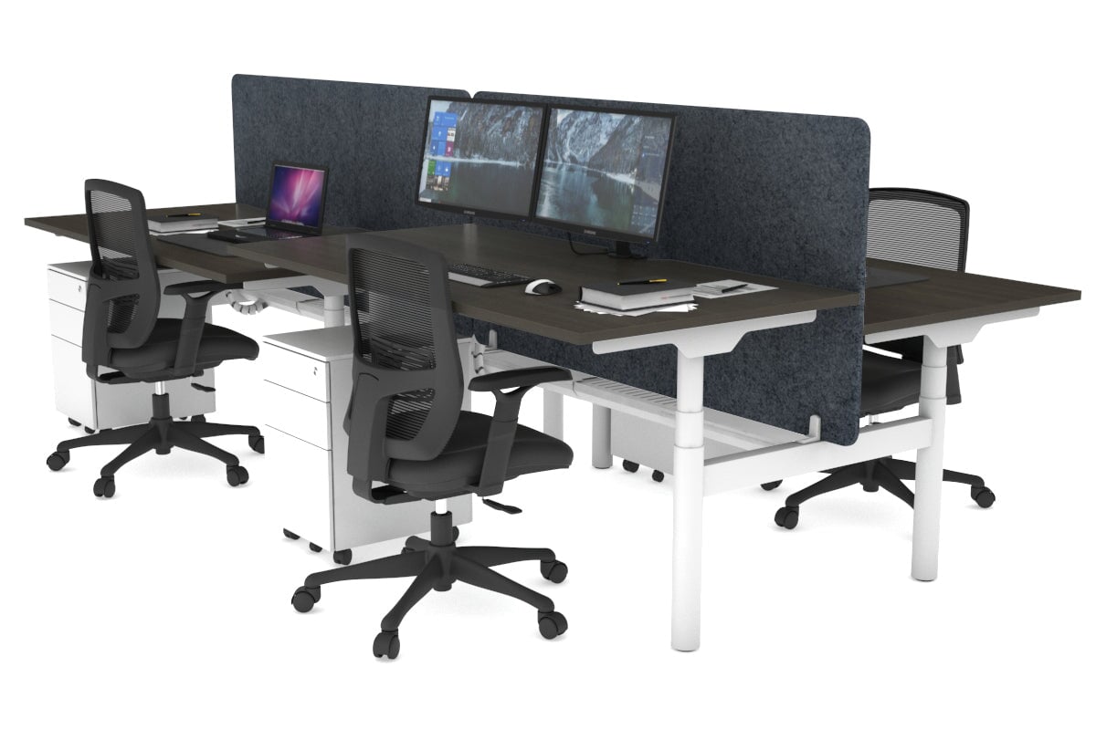 Flexi Premium Height Adjustable 4 Person H-Bench Workstation - White Frame [1600L x 800W with Cable Scallop] Jasonl dark oak dark grey echo panel (820H x 1600W) white cable tray