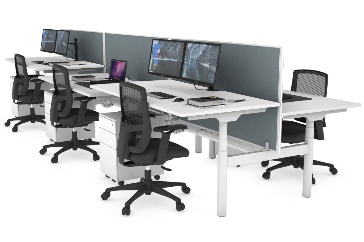 Flexi Premium Height Adjustable 6 Person H-Bench Workstation - White Frame [1200L x 800W with Cable Scallop] Jasonl white cool grey (820H x 1200W) white cable tray
