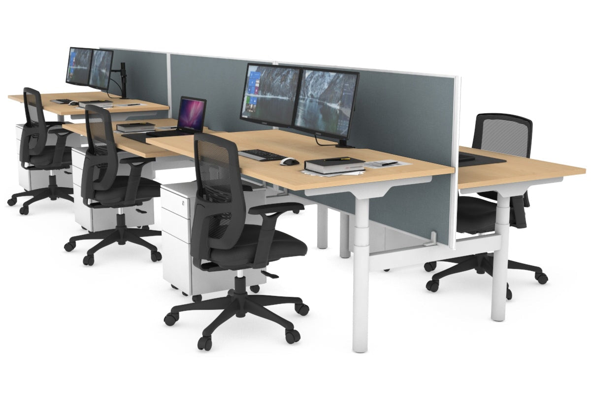 Flexi Premium Height Adjustable 6 Person H-Bench Workstation - White Frame [1400L x 800W with Cable Scallop] Jasonl maple cool grey (820H x 1400W) none