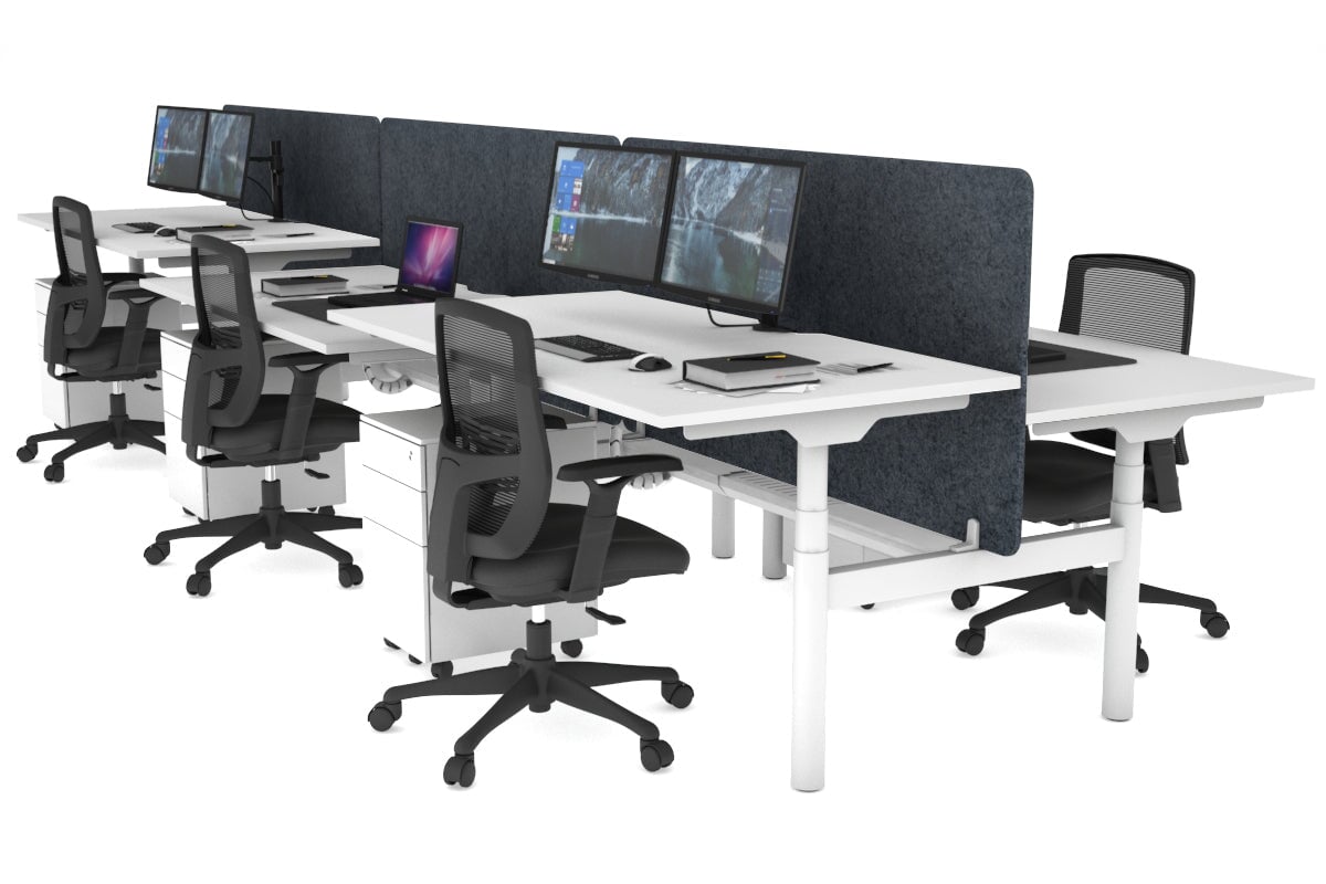 Flexi Premium Height Adjustable 6 Person H-Bench Workstation - White Frame [1600L x 800W with Cable Scallop] Jasonl white dark grey echo panel (820H x 1600W) white cable tray