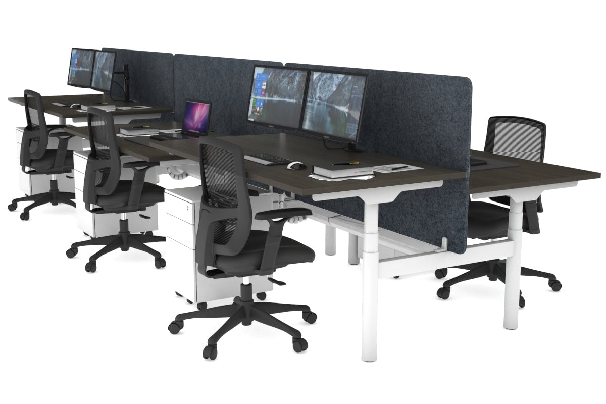 Flexi Premium Height Adjustable 6 Person H-Bench Workstation - White Frame [1600L x 800W with Cable Scallop] Jasonl dark oak dark grey echo panel (820H x 1600W) white cable tray