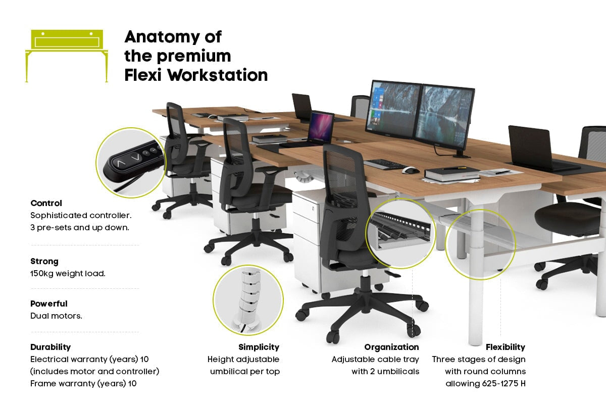 Flexi Premium Height Adjustable 6 Person H-Bench Workstation - White Frame [1600L x 800W with Cable Scallop] Jasonl 