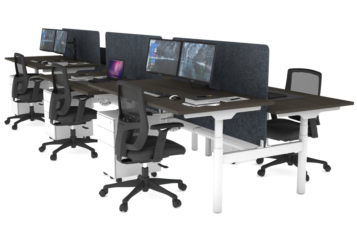 Flexi Premium Height Adjustable 6 Person H-Bench Workstation - White Frame [1800L x 800W with Cable Scallop] Jasonl dark oak dark grey echo panel (820H x 1600W) white cable tray
