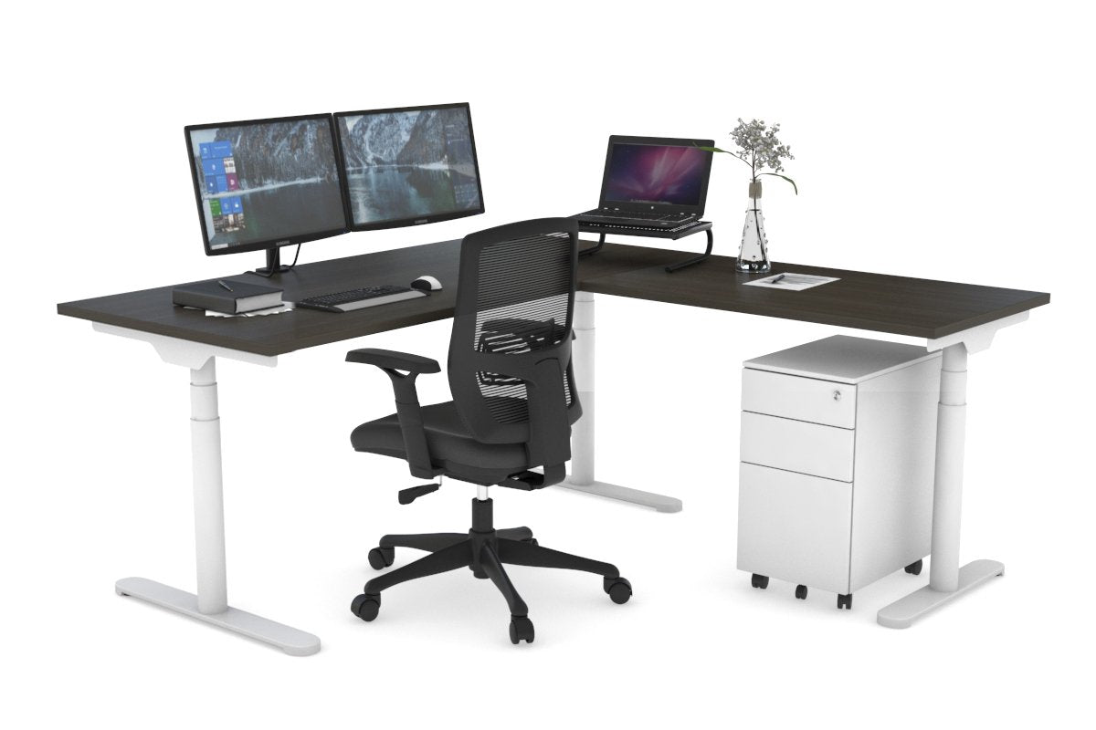 Flexi Premium Height Adjustable Corner Workstation [1600L x 1450W] Jasonl White dark oak 