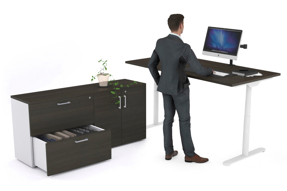 Flexi Premium Height Adjustable Desk Executive Setting [1600L x 700W] Jasonl white frame dark oak 2 drawer 2 door filing cabinet