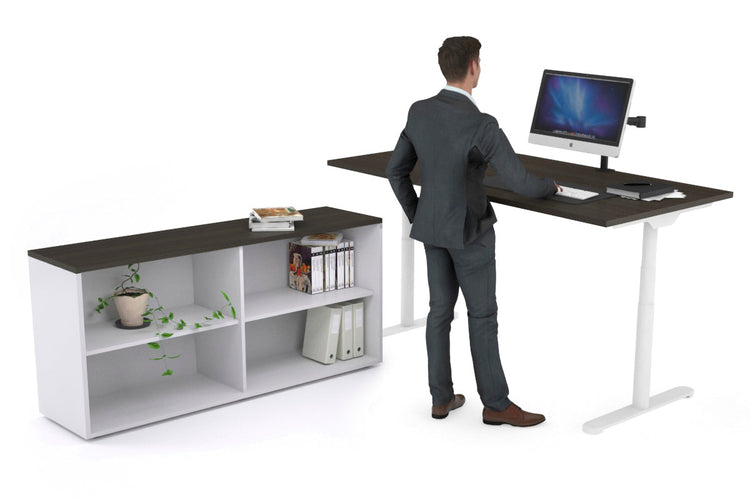 Flexi Premium Height Adjustable Desk Executive Setting [1600L x 700W] Jasonl white frame dark oak open bookcase