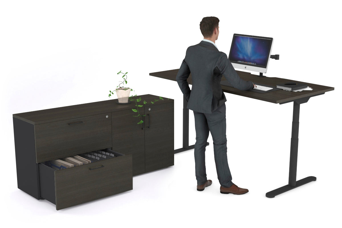 Flexi Premium Height Adjustable Desk Executive Setting [1600L x 800W with cable scallop] Jasonl black frame dark oak 2 drawer 2 door filing cabinet