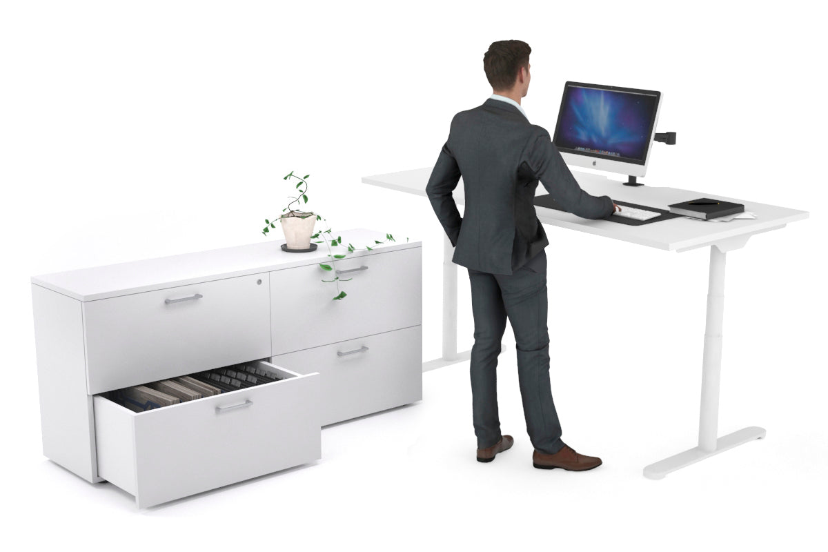 Flexi Premium Height Adjustable Desk Executive Setting [1600L x 800W with cable scallop] Jasonl white frame white 4 drawer lateral filing cabinet