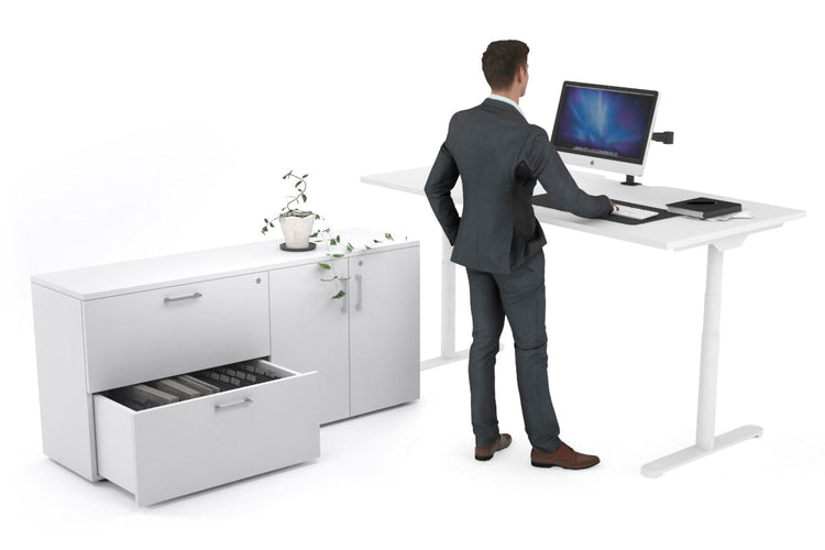 Flexi Premium Height Adjustable Desk Executive Setting [1600L x 800W with cable scallop] Jasonl white frame white 2 drawer 2 door filing cabinet