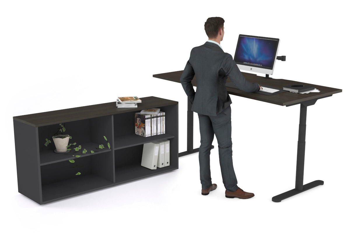 Flexi Premium Height Adjustable Desk Executive Setting [1600L x 800W with cable scallop] Jasonl black frame dark oak open bookcase