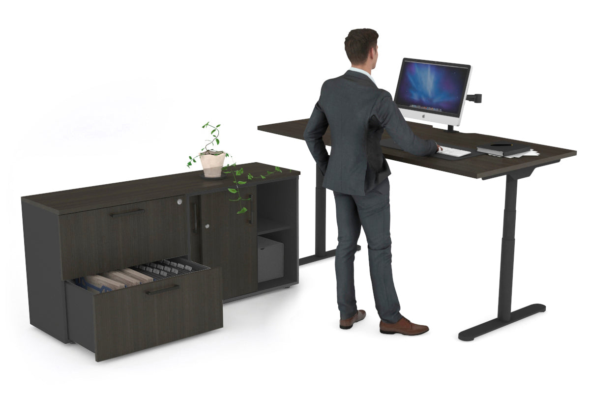 Flexi Premium Height Adjustable Desk Executive Setting [1600L x 800W with cable scallop] Jasonl black frame dark oak 2 drawer lateral sliding door credenza