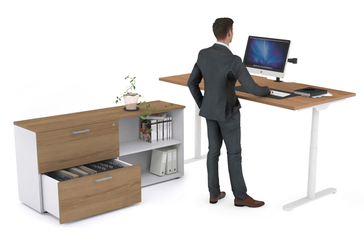 Flexi Premium Height Adjustable Desk Executive Setting [1600L x 800W with cable scallop] Jasonl white frame salvage oak 2 drawer open filing cabinet