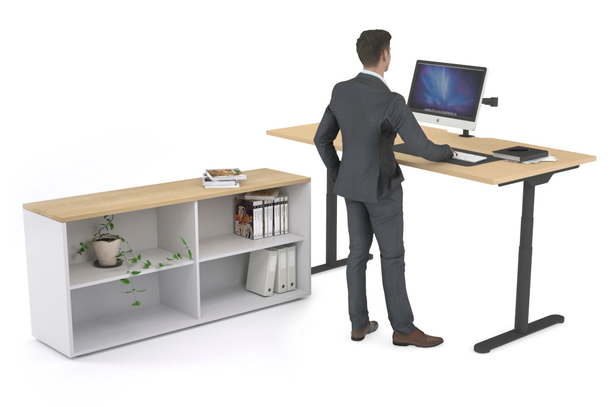 Flexi Premium Height Adjustable Desk Executive Setting [1600L x 800W with cable scallop] Jasonl black frame maple open bookcase