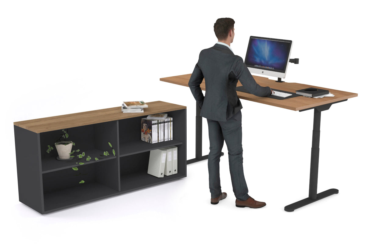 Flexi Premium Height Adjustable Desk Executive Setting [1600L x 800W with cable scallop] Jasonl black frame salvage oak open bookcase