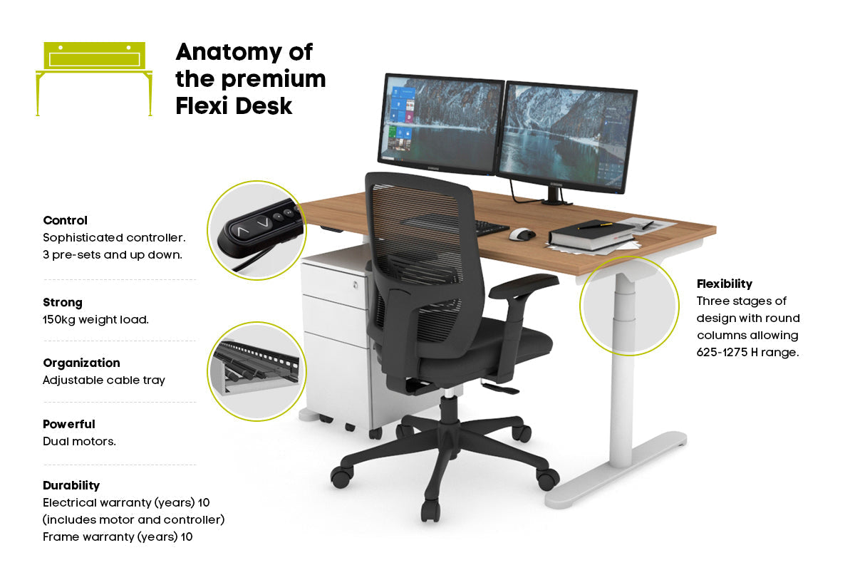 Flexi Premium Height Adjustable Desk Executive Setting [1600L x 800W with cable scallop] Jasonl 