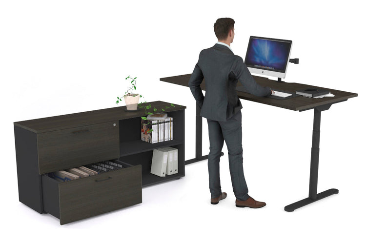 Flexi Premium Height Adjustable Desk Executive Setting [1600L x 800W with cable scallop] Jasonl black frame dark oak 2 drawer open filing cabinet