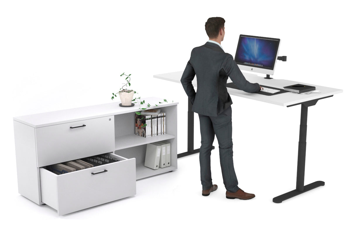Flexi Premium Height Adjustable Desk Executive Setting [1600L x 800W with cable scallop] Jasonl black frame white 2 drawer open filing cabinet