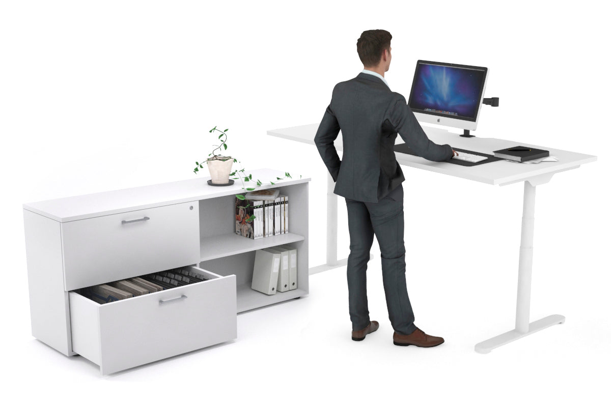 Flexi Premium Height Adjustable Desk Executive Setting [1600L x 800W with cable scallop] Jasonl white frame white 2 drawer open filing cabinet