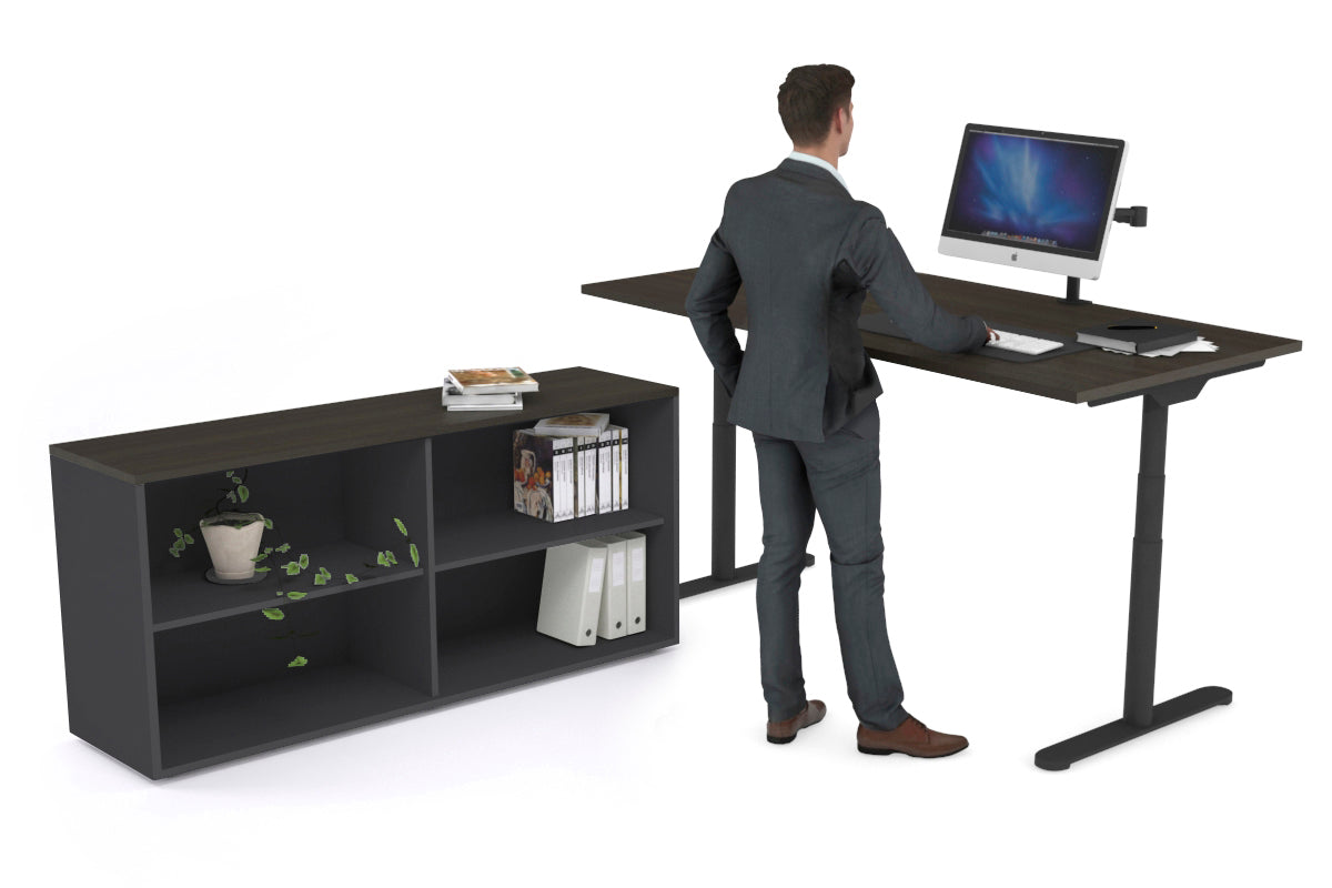 Flexi Premium Height Adjustable Desk Executive Setting [1800L x 700W] Jasonl black frame dark oak open bookcase