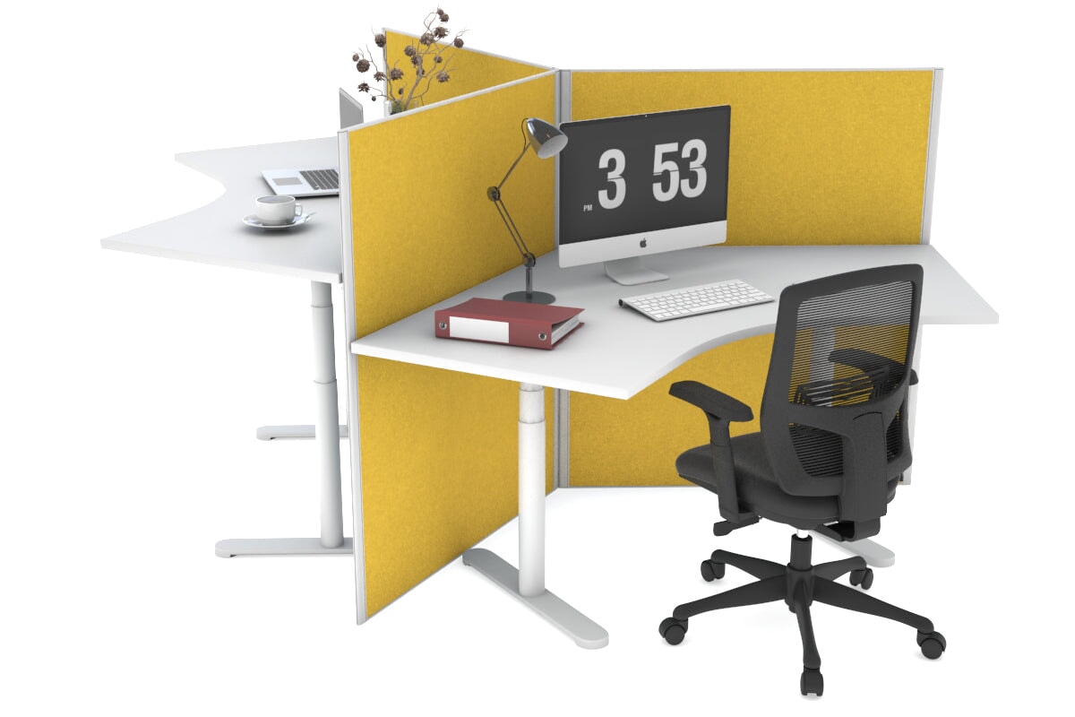 Flexi Premium Sit Stand 3 Person 120 Degree Workstation Jasonl white mustard yellow (1300H x 1200W)