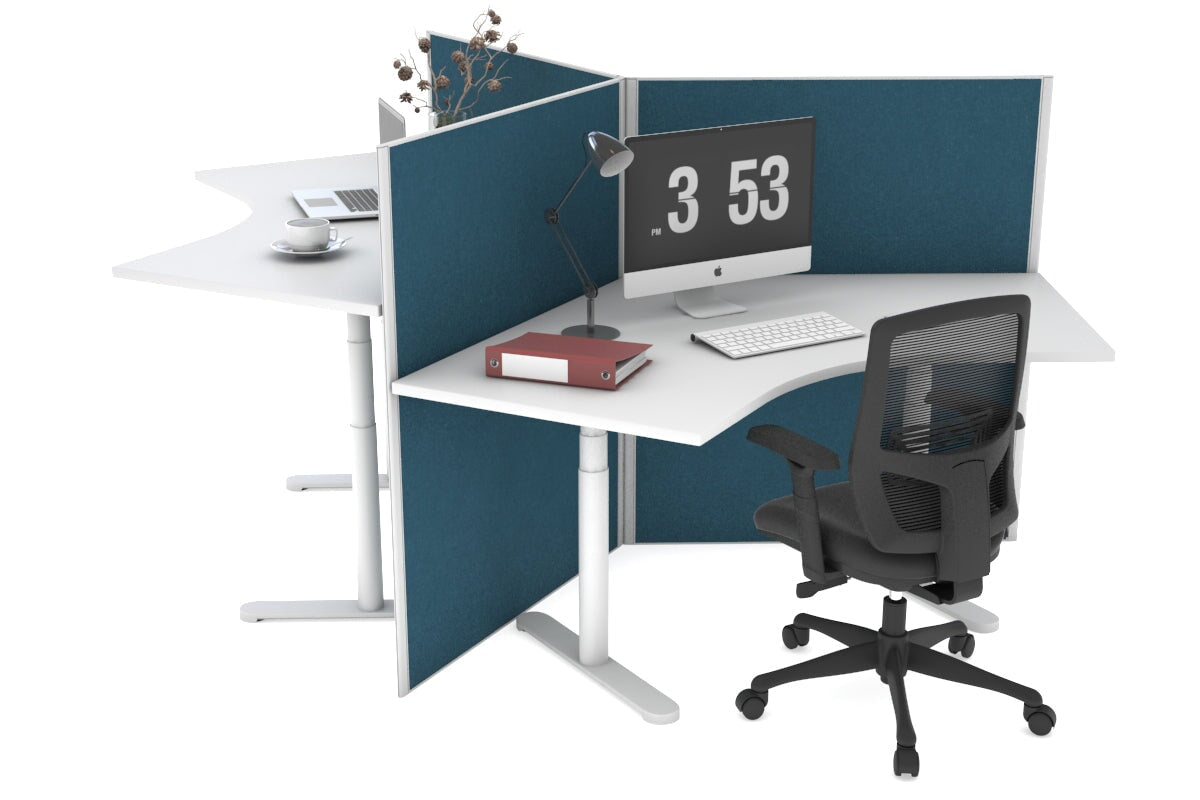 Flexi Premium Sit Stand 3 Person 120 Degree Workstation Jasonl white deep blue (1300H x 1200W)