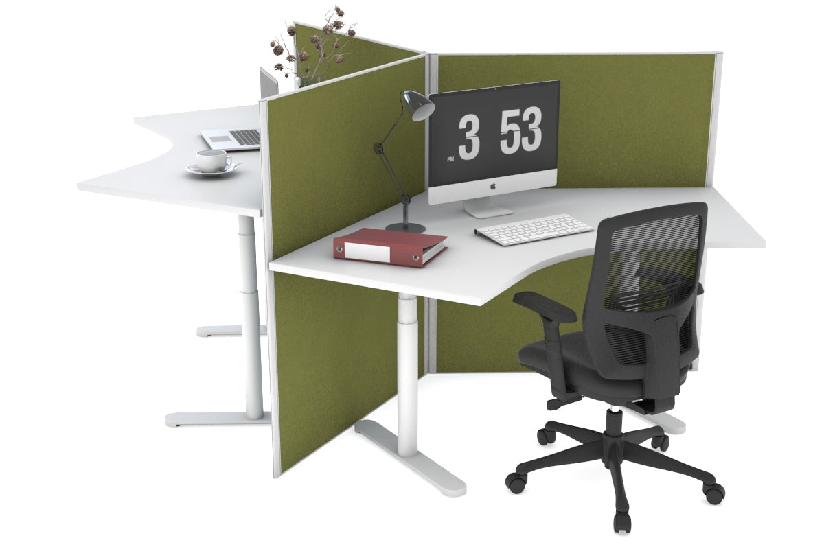 Flexi Premium Sit Stand 3 Person 120 Degree Workstation Jasonl white green moss (1300H x 1200W)