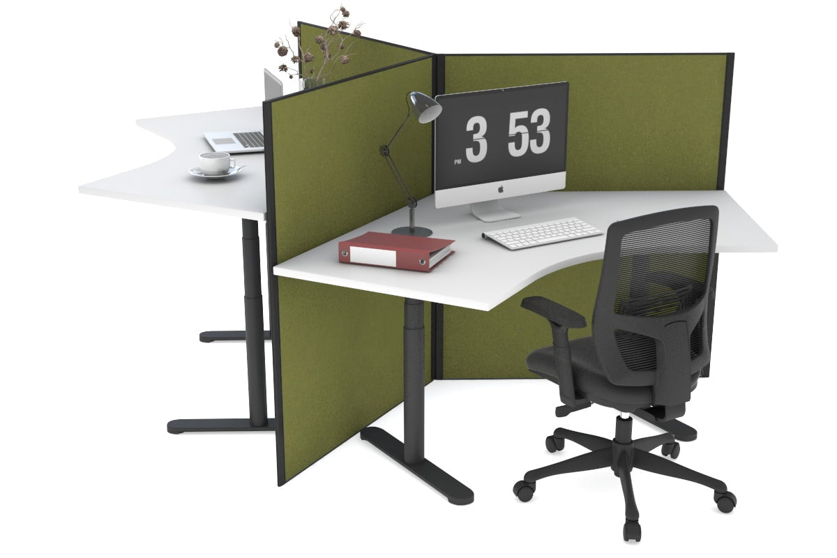 Flexi Premium Sit Stand 3 Person 120 Degree Workstation Jasonl black green moss (1300H x 1200W)