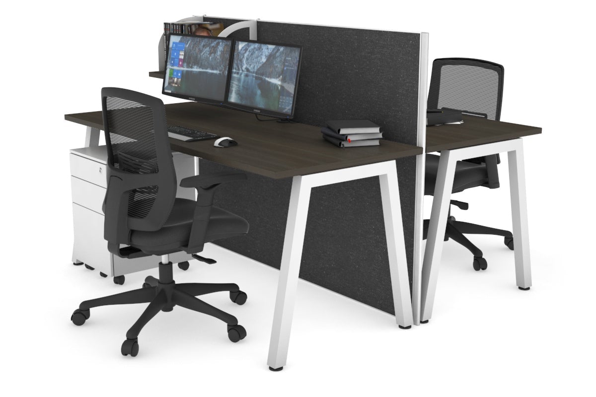 Horizon Quadro 2 Person Bench A Leg Office Workstations [1200L x 700W] Jasonl white leg dark oak moody charcoal (1200H x 1200W)