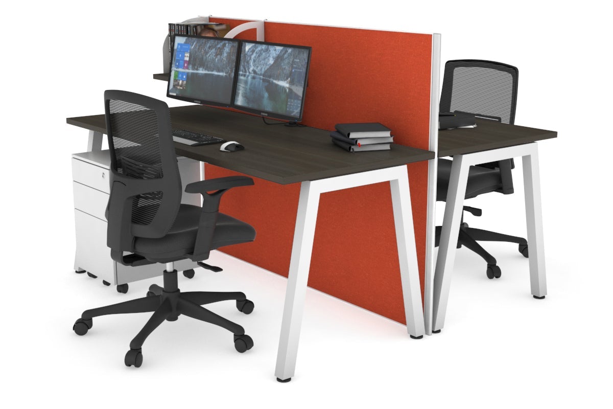 Horizon Quadro 2 Person Bench A Leg Office Workstations [1600L x 700W] Jasonl white leg dark oak orange squash (1200H x 1600W)