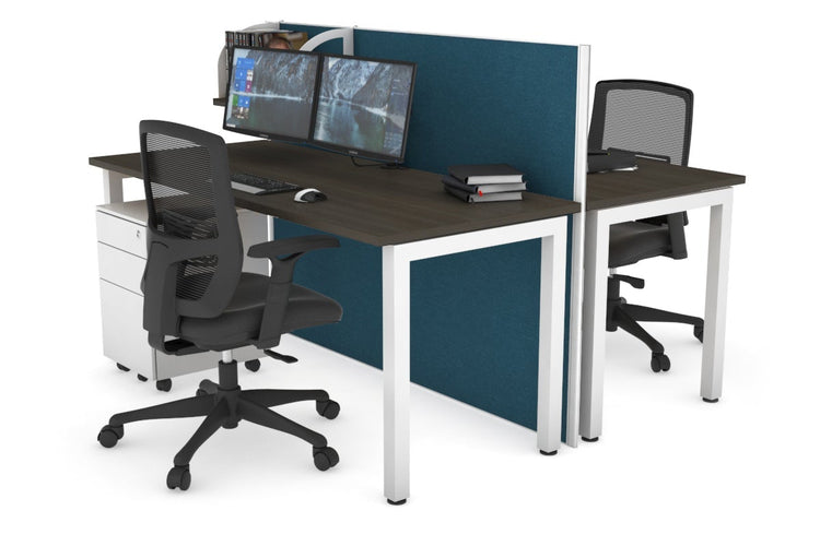 Horizon Quadro 2 Person Bench Square Leg Office Workstations [1200L x 700W] Jasonl white leg dark oak deep blue (1200H x 1200W)
