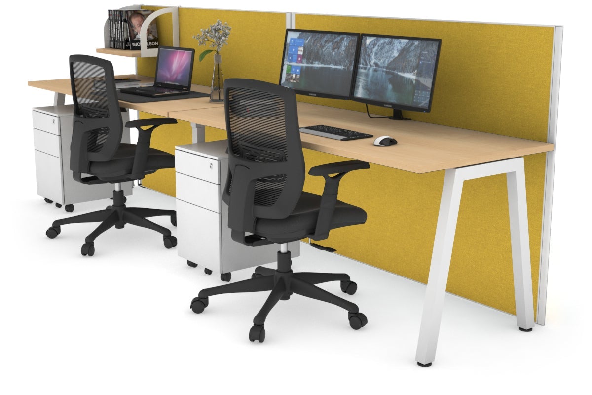 Horizon Quadro 2 Person Run A Leg Office Workstations [1200L x 700W] Jasonl white leg maple mustard yellow (1200H x 2400W)