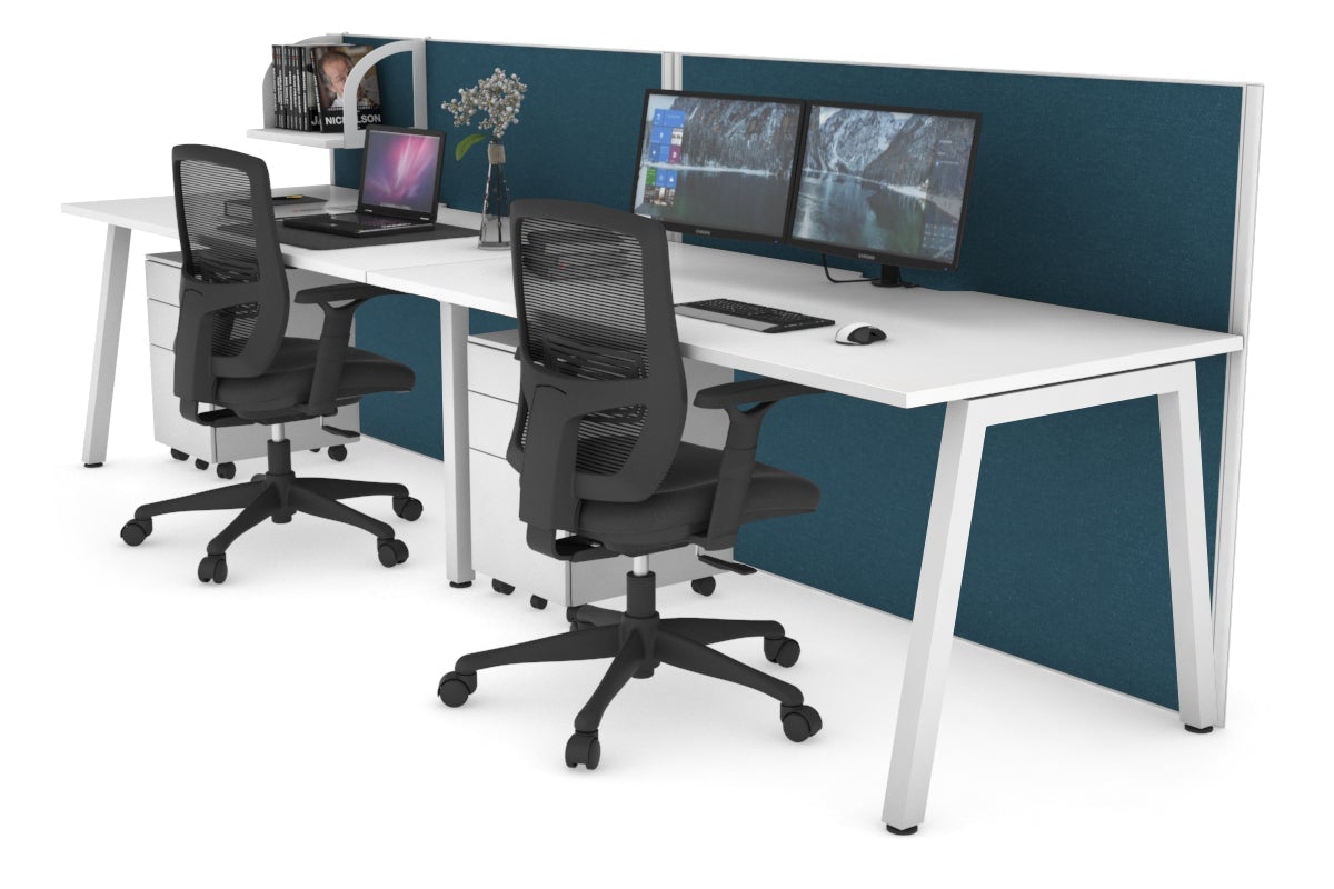 Horizon Quadro 2 Person Run A Leg Office Workstations [1800L x 800W with Cable Scallop] Jasonl white leg white deep blue (1200H x 3600W)
