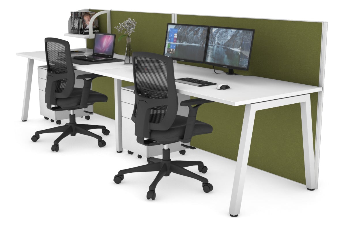 Horizon Quadro 2 Person Run A Leg Office Workstations [1800L x 800W with Cable Scallop] Jasonl white leg white green moss (1200H x 3600W)