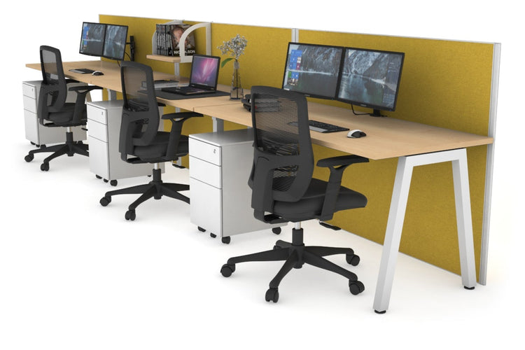 Horizon Quadro 3 Person Run A Leg Office Workstations [1200L x 700W] Jasonl white leg maple mustard yellow (1200H x 3600W)