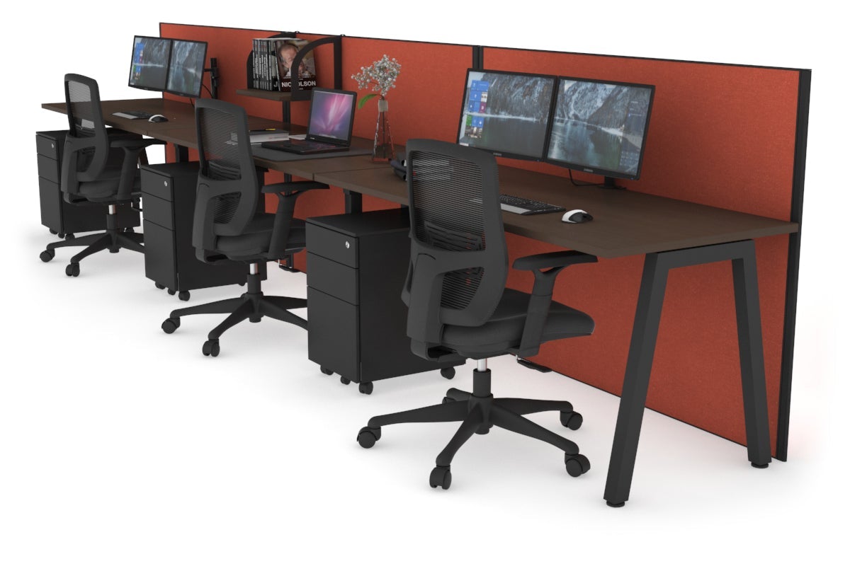 Horizon Quadro 3 Person Run A Leg Office Workstations [1200L x 700W] Jasonl black leg wenge orange squash (1200H x 3600W)