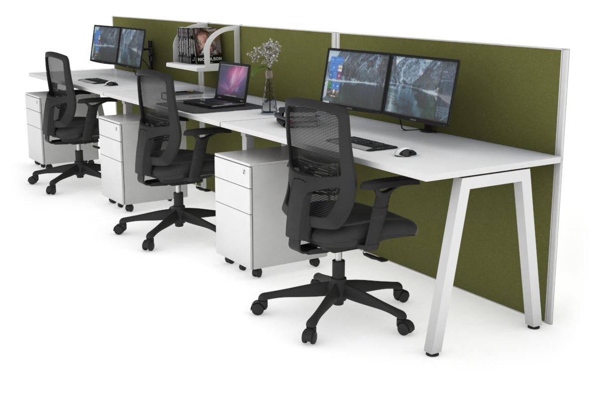 Horizon Quadro 3 Person Run A Leg Office Workstations [1200L x 700W] Jasonl white leg white green moss (1200H x 3600W)
